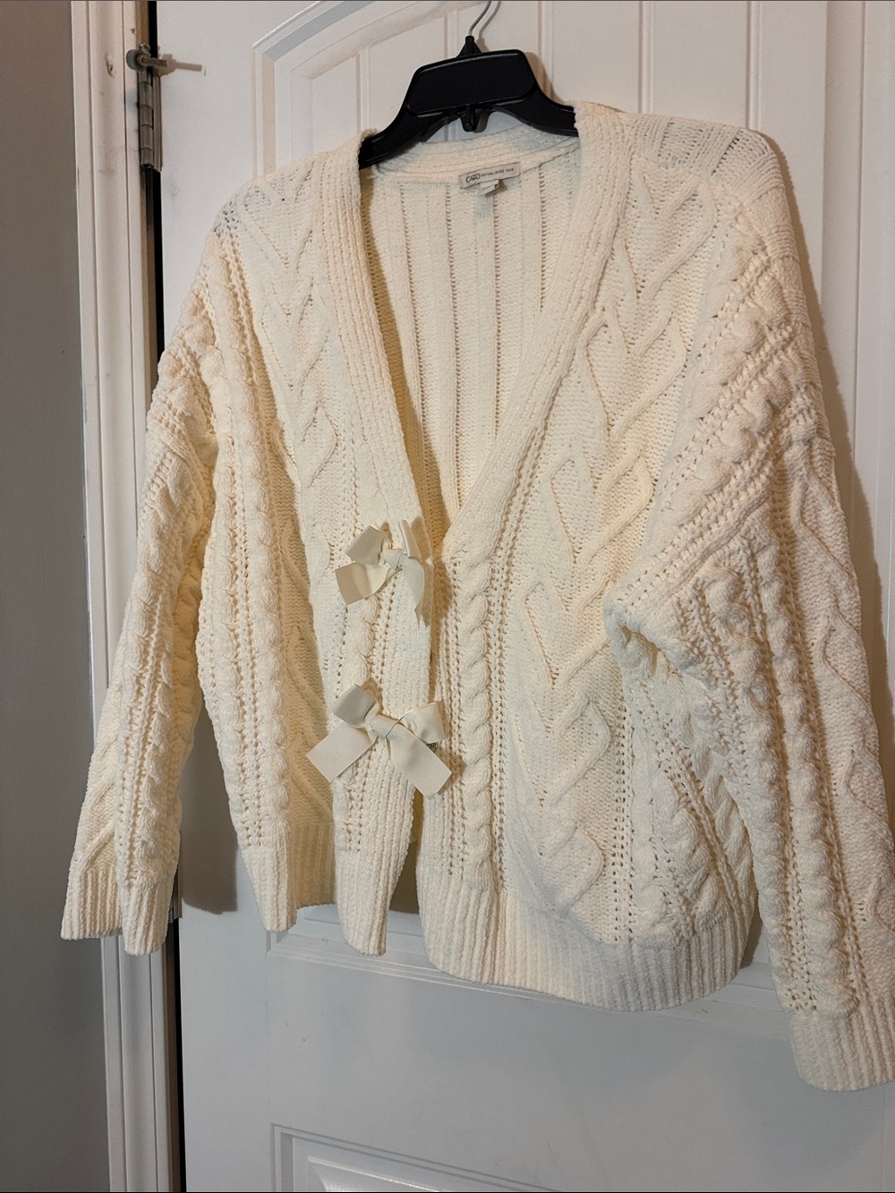 Cato Cream Cable Knit Bow-Accent Cardigan